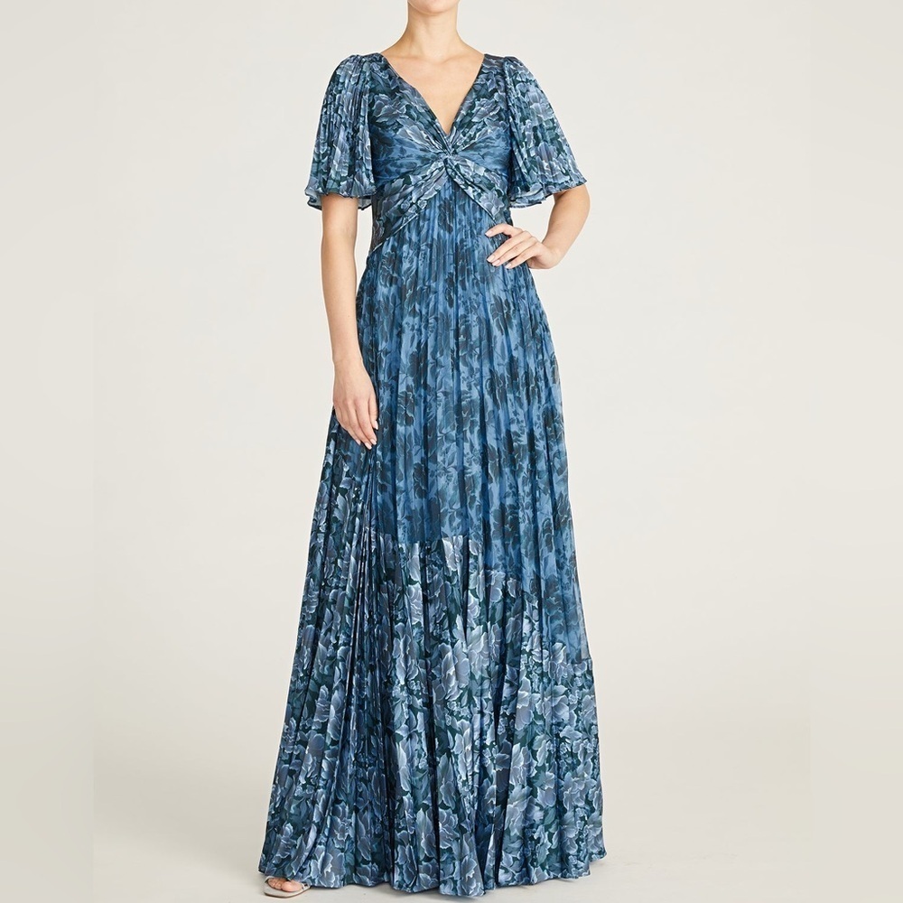 THEIA Mabella Blue Floral Pleated Satin Twist A-Line Gown Flutter NWT 2 - Picture 2 of 12